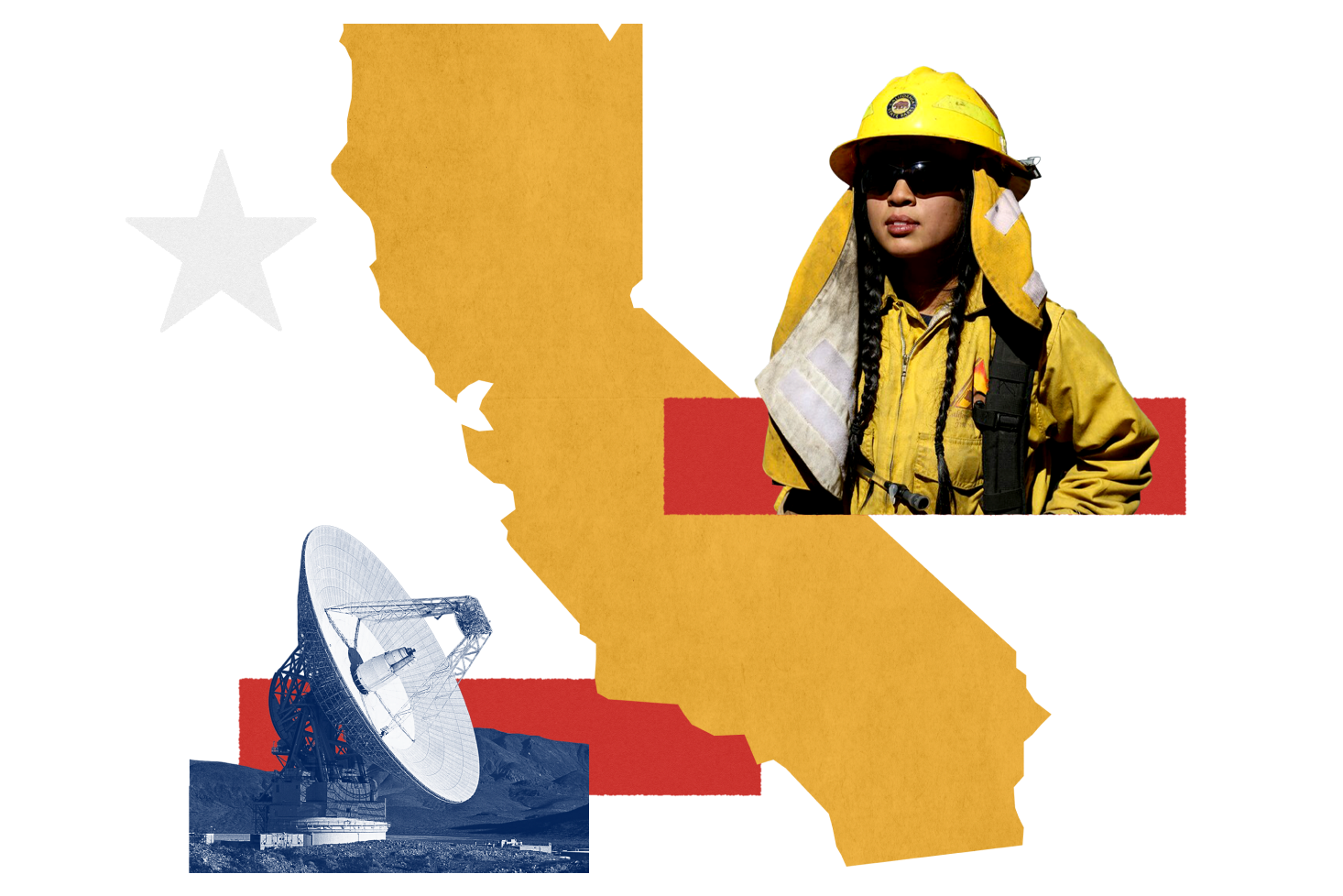 Collage: the California map in gold with a firefighter, a deep-space antenna and red bars